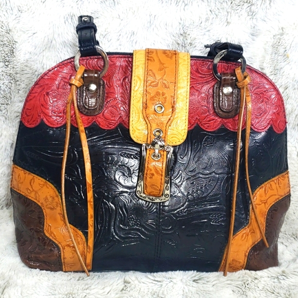 Vintage MC Marc Chantal Tooled Embossed Leather Multi Color Square Shoulder Bag - Picture 4 of 17